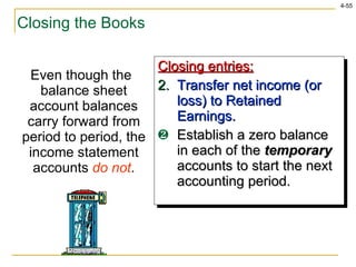Closing the Books Even though the balance sheet account balances carry forward from period to period, the income statement accounts  do not . Closing entries: Transfer net income (or loss) to Retained Earnings. Establish a zero balance in each of the  temporary   accounts to start the next accounting period. 