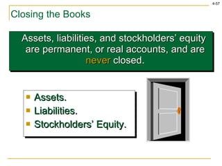 Closing the Books Assets, liabilities, and stockholders’ equity are permanent, or real accounts, and are  never  closed. Assets. Liabilities. Stockholders’ Equity. 