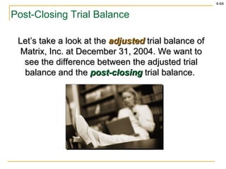 Post-Closing Trial Balance Let’s take a look at the  adjusted  trial balance of Matrix, Inc. at December 31, 2004. We want to see the difference between the adjusted trial balance and the  post-closing  trial balance.  