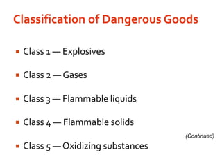 Classification of Dangerous GoodsClass 1 — ExplosivesClass 2 — GasesClass 3 — Flammable liquidsClass 4 — Flammable solidsClass 5 — Oxidizing substances(Continued)