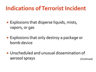 Indications of Terrorist IncidentExplosions that disperse liquids, mists, vapors, or gasExplosions that only destroy a package or bomb deviceUnscheduled and unusual dissemination of aerosol sprays(Continued)