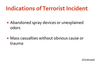 Indications of Terrorist IncidentAbandoned spray devices or unexplained odorsMass casualties without obvious cause or trauma(Continued)