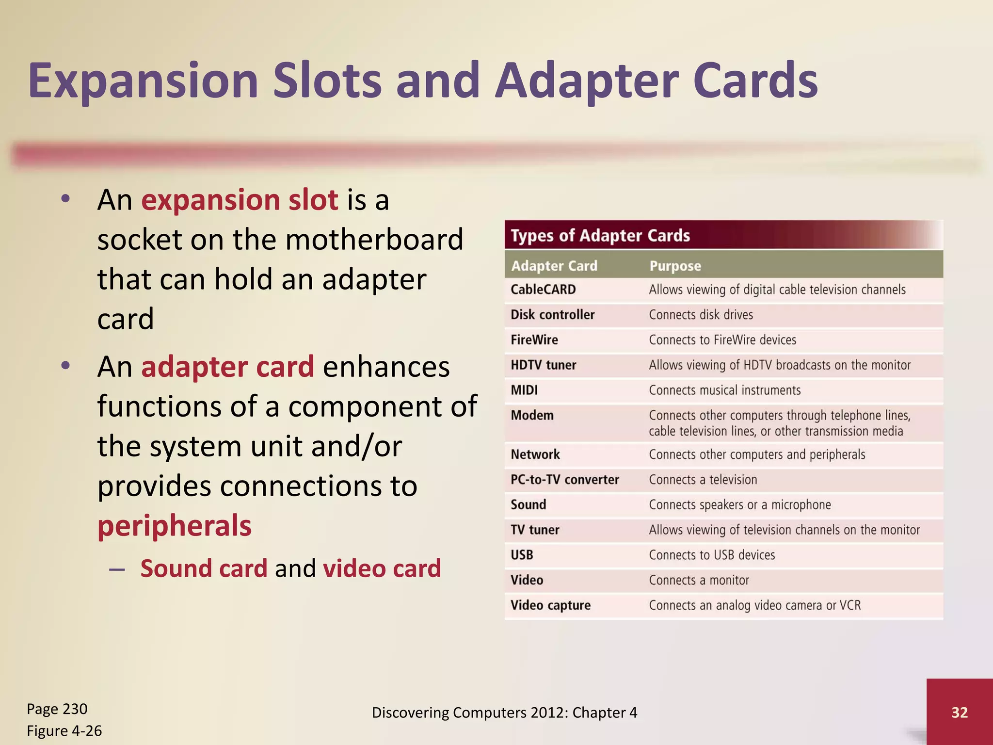 Expansion Slots and Adapter Cards
• An expansion slot is a
socket on the motherboard
that can hold an adapter
card
• An adapter card enhances
functions of a component of
the system unit and/or
provides connections to
peripherals
– Sound card and video card
Discovering Computers 2012: Chapter 4 32
Page 230
Figure 4-26
 