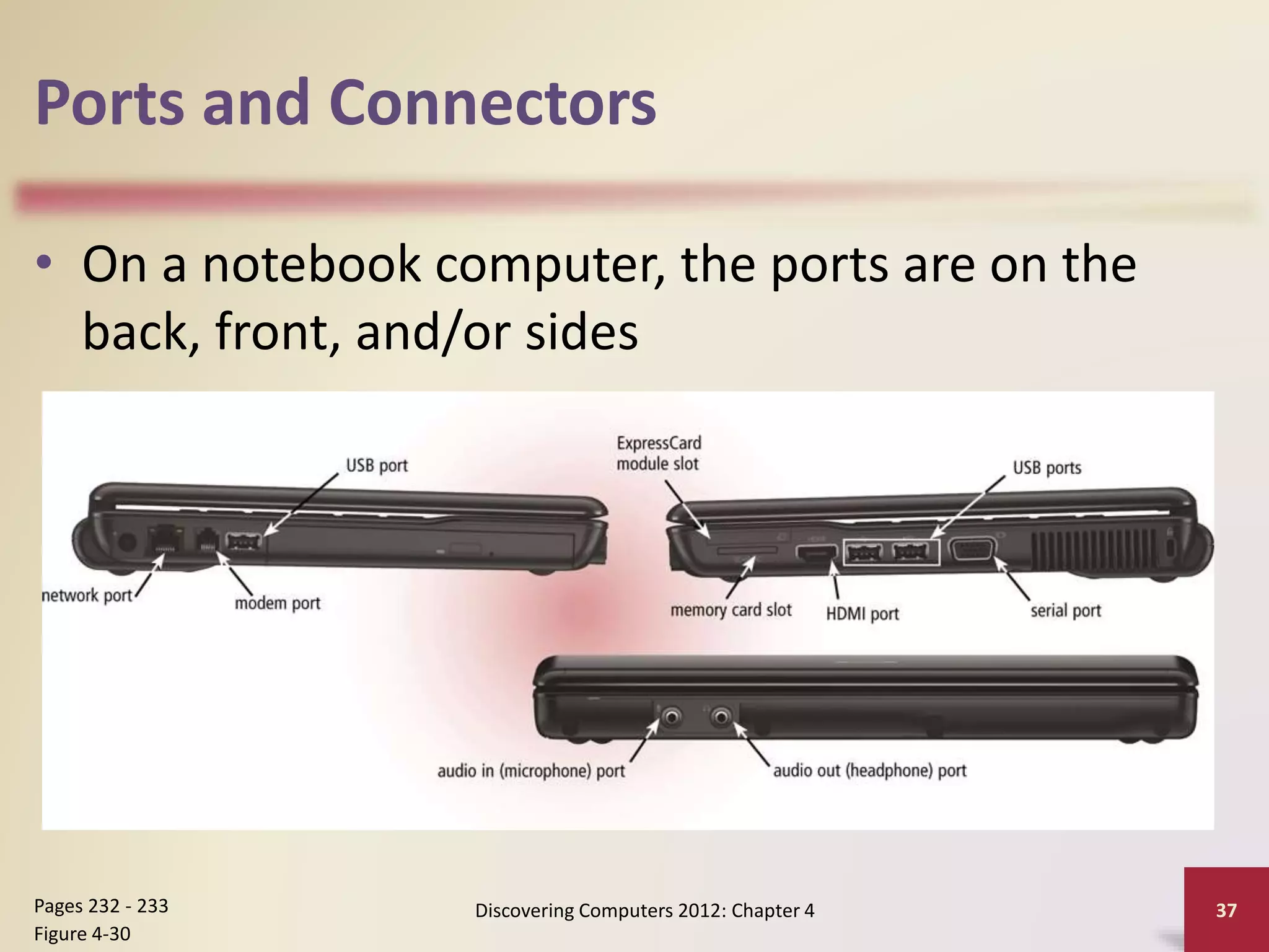 Ports and Connectors
• On a notebook computer, the ports are on the
back, front, and/or sides
Discovering Computers 2012: Chapter 4 37
Pages 232 - 233
Figure 4-30
 
