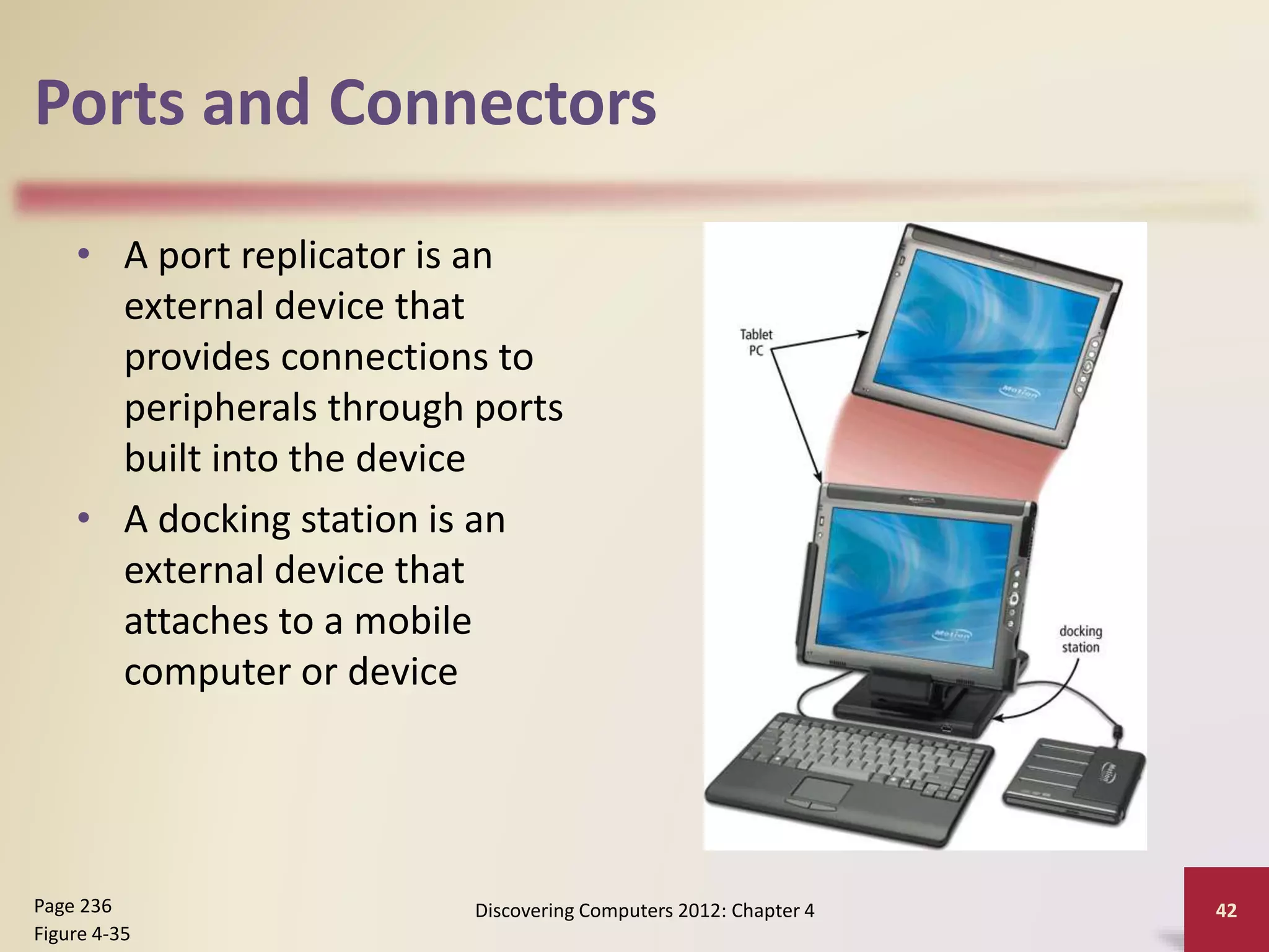 Ports and Connectors
• A port replicator is an
external device that
provides connections to
peripherals through ports
built into the device
• A docking station is an
external device that
attaches to a mobile
computer or device
Discovering Computers 2012: Chapter 4 42
Page 236
Figure 4-35
 