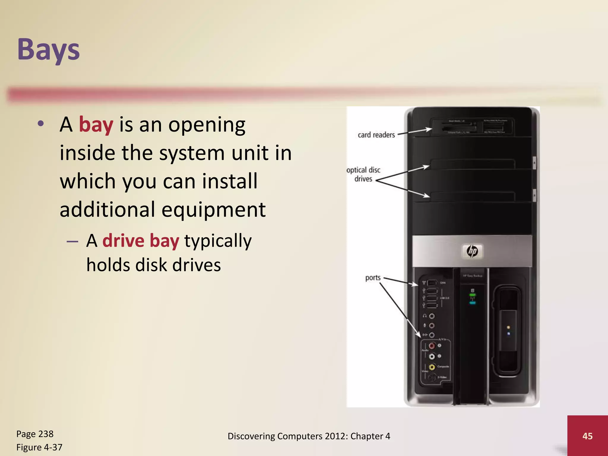 Bays
• A bay is an opening
inside the system unit in
which you can install
additional equipment
– A drive bay typically
holds disk drives
Discovering Computers 2012: Chapter 4 45
Page 238
Figure 4-37
 