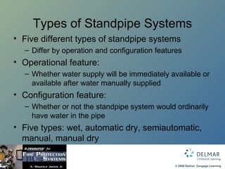 Types of Standpipe Systems Five different types of standpipe systems Differ by operation and configuration features Operational feature: Whether water supply will be immediately available or available after water manually supplied Configuration feature: Whether or not the standpipe system would ordinarily have water in the pipe Five types: wet, automatic dry, semiautomatic, manual, manual dry 