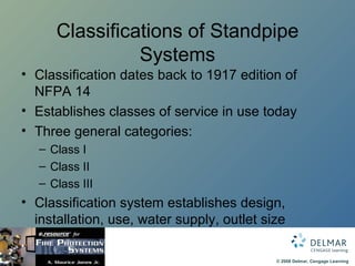 Classifications of Standpipe Systems Classification dates back to 1917 edition of NFPA 14 Establishes classes of service in use today Three general categories: Class I Class II Class III Classification system establishes design, installation, use, water supply, outlet size 