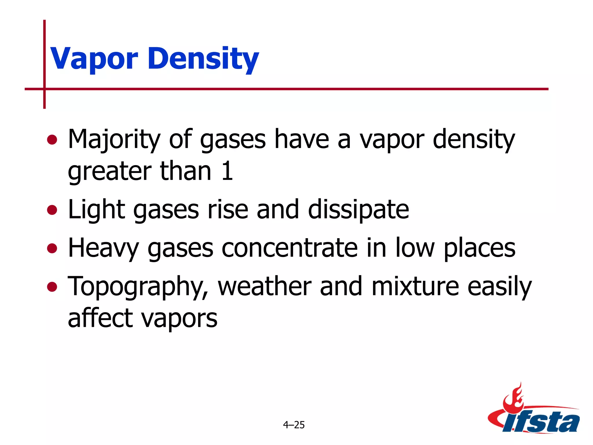 Vapor Density Majority of gases have a vapor density greater than 1 Light gases rise and dissipate Heavy gases concentrate in low places Topography, weather and mixture easily affect vapors 4 – 