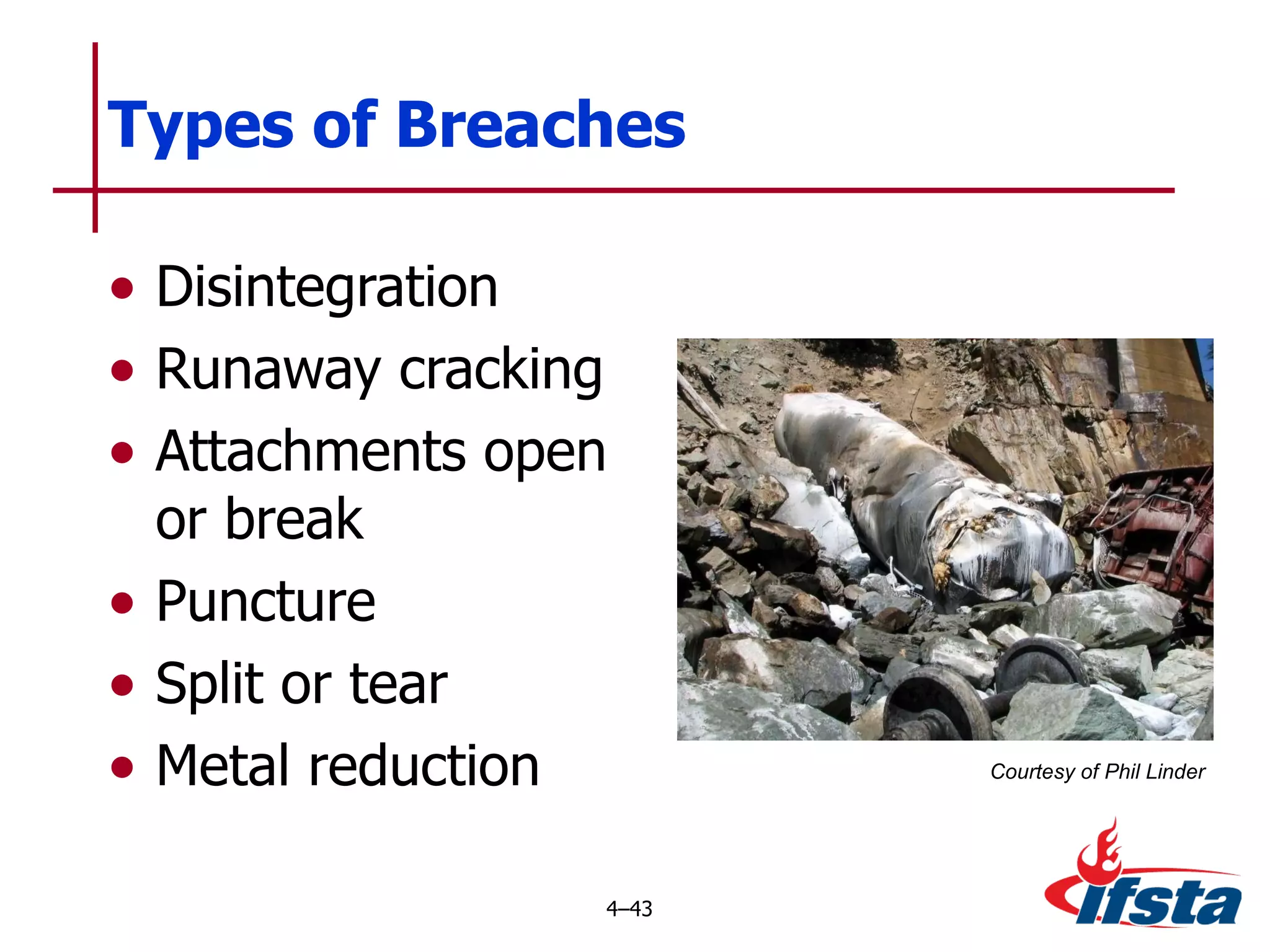 Disintegration Runaway cracking Attachments open or break Puncture Split or tear Metal reduction Types of Breaches 4 – Courtesy of Phil Linder 