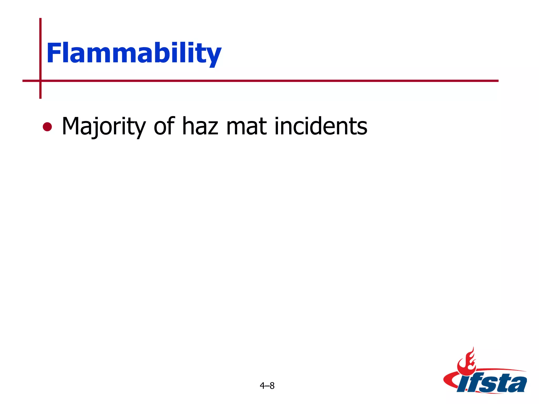 Flammability Majority of haz mat incidents 4 – 