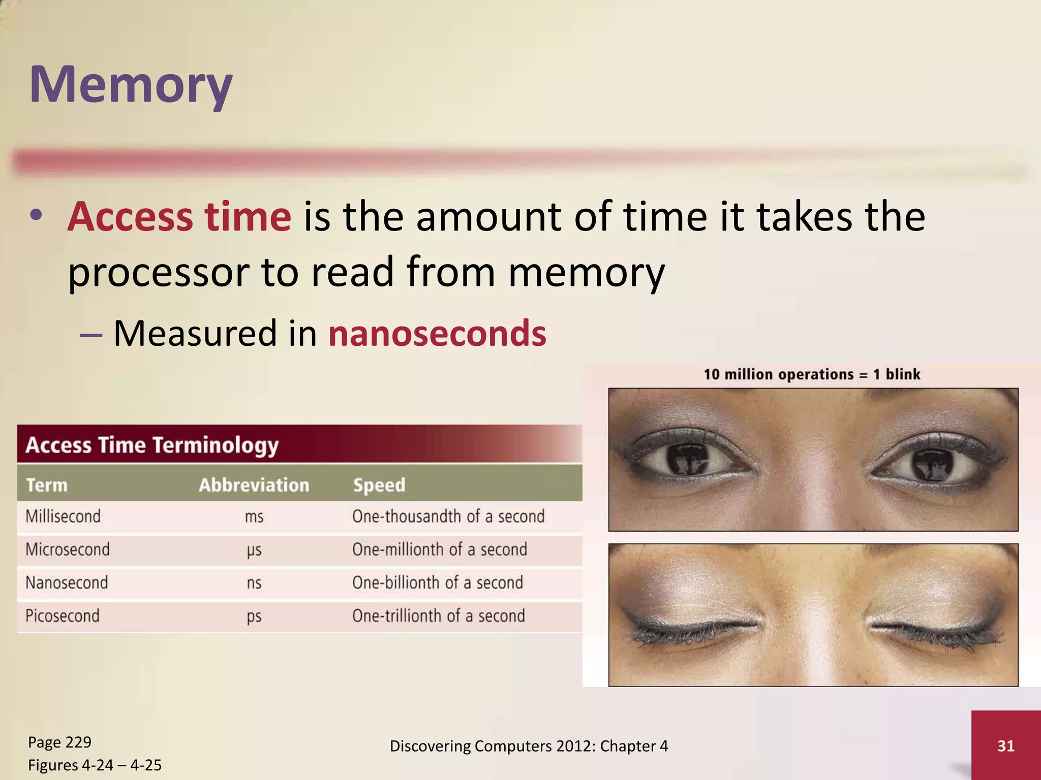 Memory

• Access time is the amount of time it takes the
  processor to read from memory
       – Measured in nanoseconds




Page 229               Discovering Computers 2012: Chapter 4   31
Figures 4-24 – 4-25
 