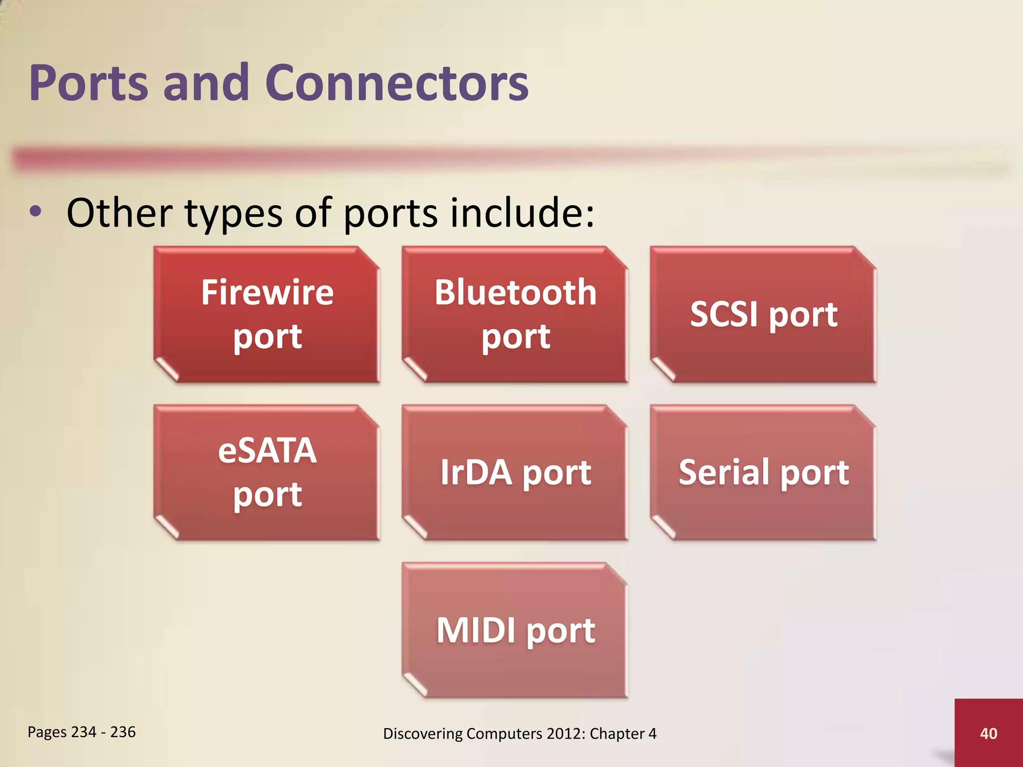 Ports and Connectors

• Other types of ports include:
                  Firewire         Bluetooth
                                                                     SCSI port
                    port              port

                   eSATA
                                    IrDA port                        Serial port
                    port


                                    MIDI port

Pages 234 - 236              Discovering Computers 2012: Chapter 4                 40
 