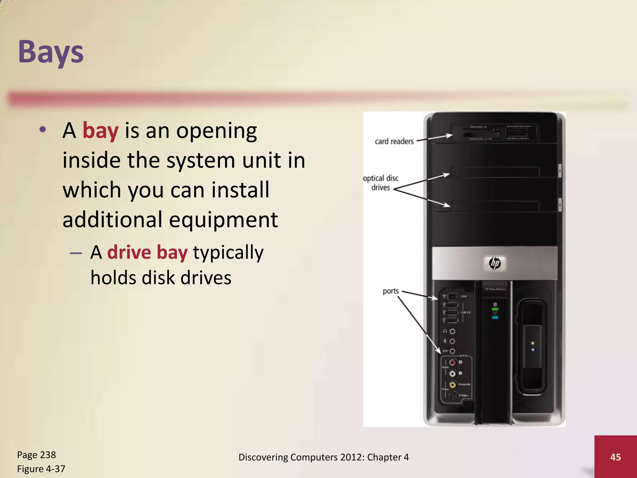 Bays

    • A bay is an opening
      inside the system unit in
      which you can install
      additional equipment
              – A drive bay typically
                holds disk drives




Page 238                         Discovering Computers 2012: Chapter 4   45
Figure 4-37
 