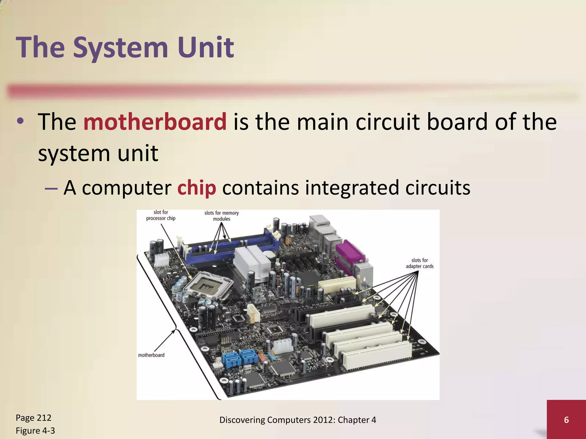 The System Unit

• The motherboard is the main circuit board of the
  system unit
       – A computer chip contains integrated circuits




Page 212                 Discovering Computers 2012: Chapter 4   6
Figure 4-3
 