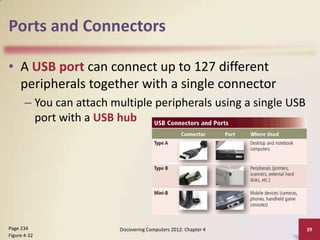 Ports and Connectors

• A USB port can connect up to 127 different
  peripherals together with a single connector
       – You can attach multiple peripherals using a single USB
         port with a USB hub




Page 234                 Discovering Computers 2012: Chapter 4    39
Figure 4-32
 