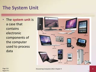 The System Unit

• The system unit is
  a case that
  contains
  electronic
  components of
  the computer
  used to process
  data



Page 210               Discovering Computers 2012: Chapter 4   4
Figure 4-1
 