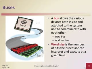 Buses

                                 • A bus allows the various
                                   devices both inside and
                                   attached to the system
                                   unit to communicate with
                                   each other
                                        – Data bus
                                        – Address bus
                                 • Word size is the number
                                   of bits the processor can
                                   interpret and execute at a
                                   given time

Page 237      Discovering Computers 2012: Chapter 4             43
Figure 4-36
 