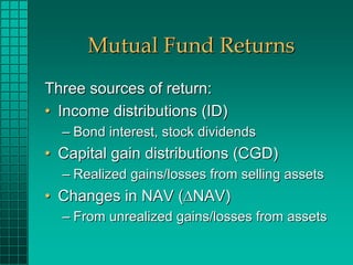 Mutual Fund Returns
Three sources of return:
• Income distributions (ID)
  – Bond interest, stock dividends
• Capital gain...