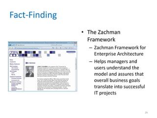 Fact-Finding
               • The Zachman
                 Framework
                 – Zachman Framework for
                   Enterprise Architecture
                 – Helps managers and
                   users understand the
                   model and assures that
                   overall business goals
                   translate into successful
                   IT projects


                                           29
 