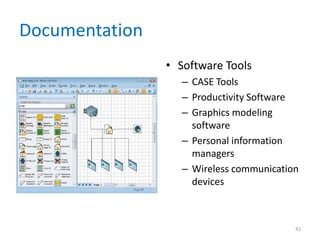 Documentation
                • Software Tools
                  – CASE Tools
                  – Productivity Software
                  – Graphics modeling
                    software
                  – Personal information
                    managers
                  – Wireless communication
                    devices



                                         42
 