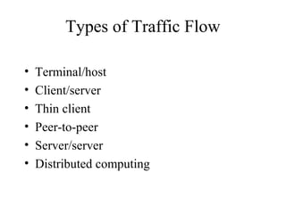 Types of Traffic Flow

•   Terminal/host
•   Client/server
•   Thin client
•   Peer-to-peer
•   Server/server
•   Distributed computing
 