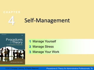 CHAPTER         4
                                                                                                SLIDE 1


CHAPTER



   4                     Self-Management


                               1 Manage Yourself
                               2 Manage Stress
                               3 Manage Your Work




© 2013 Cengage Learning. All Rights Reserved.   Procedures & Theory for Administrative Professionals, 7e
 