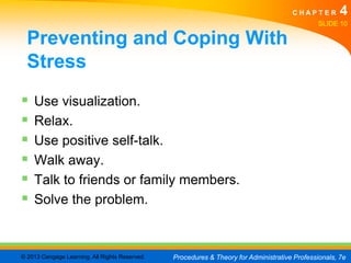 CHAPTER         4
                                                                                               SLIDE 10

  Preventing and Coping With
  Stress
   Use visualization.
   Relax.
   Use positive self-talk.
   Walk away.
   Talk to friends or family members.
   Solve the problem.



© 2013 Cengage Learning. All Rights Reserved.   Procedures & Theory for Administrative Professionals, 7e
 