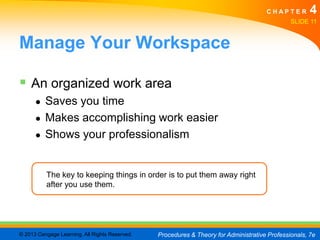 CHAPTER         4
                                                                                               SLIDE 11


Manage Your Workspace

 An organized work area
      ●   Saves you time
      ●   Makes accomplishing work easier
      ●   Shows your professionalism


          The key to keeping things in order is to put them away right
          after you use them.




© 2013 Cengage Learning. All Rights Reserved.   Procedures & Theory for Administrative Professionals, 7e
 