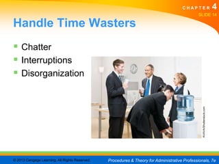 CHAPTER                             4
                                                                                               SLIDE 14

Handle Time Wasters
 Chatter
 Interruptions
 Disorganization




                                                                                                 AVAVA/Shutterstock.com
© 2013 Cengage Learning. All Rights Reserved.   Procedures & Theory for Administrative Professionals, 7e
 