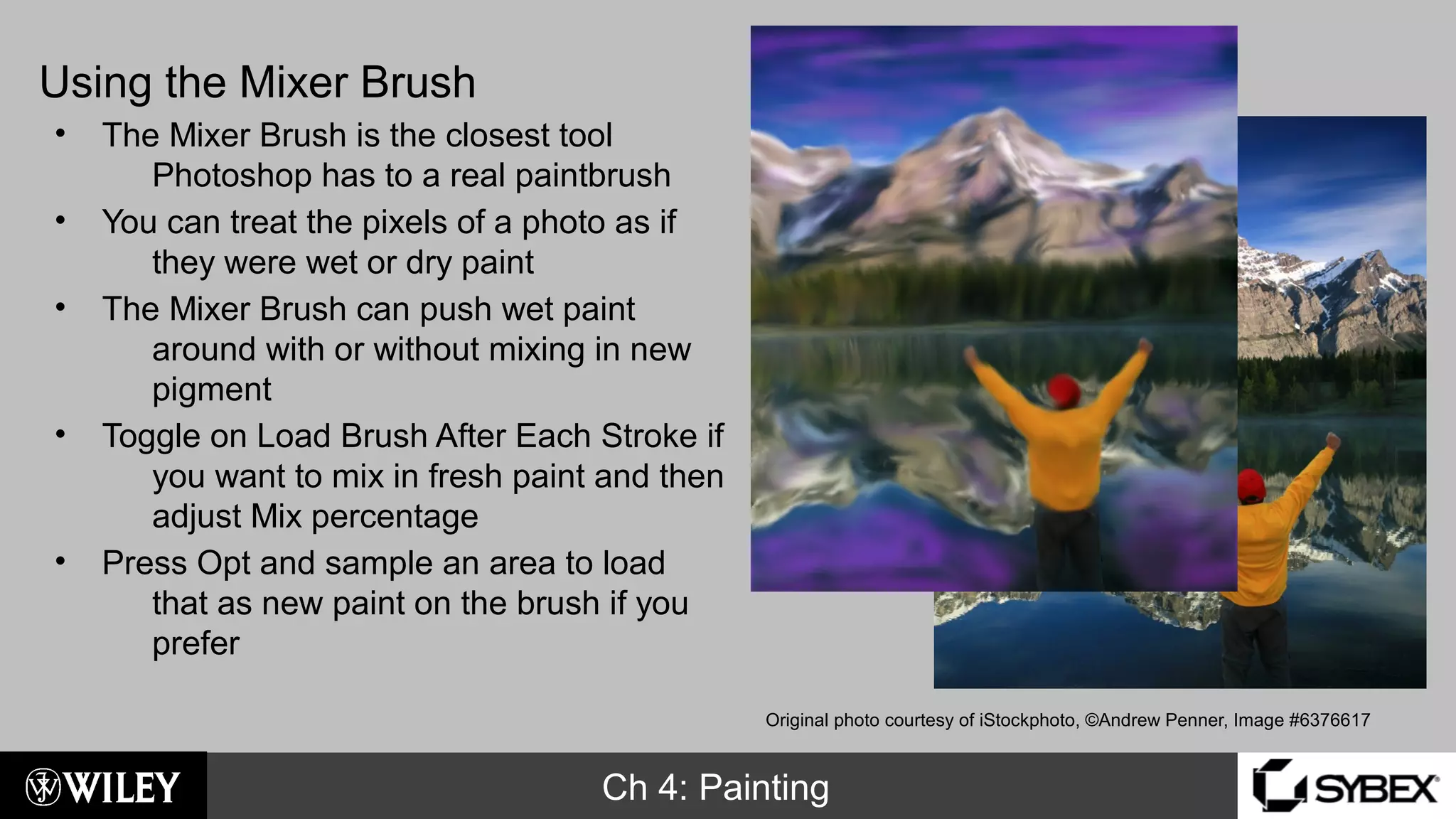 Ch 4: Painting
Using the Mixer Brush
• The Mixer Brush is the closest tool
Photoshop has to a real paintbrush
• You can treat the pixels of a photo as if
they were wet or dry paint
• The Mixer Brush can push wet paint
around with or without mixing in new
pigment
• Toggle on Load Brush After Each Stroke if
you want to mix in fresh paint and then
adjust Mix percentage
• Press Opt and sample an area to load
that as new paint on the brush if you
prefer
Original photo courtesy of iStockphoto, ©Andrew Penner, Image #6376617
 