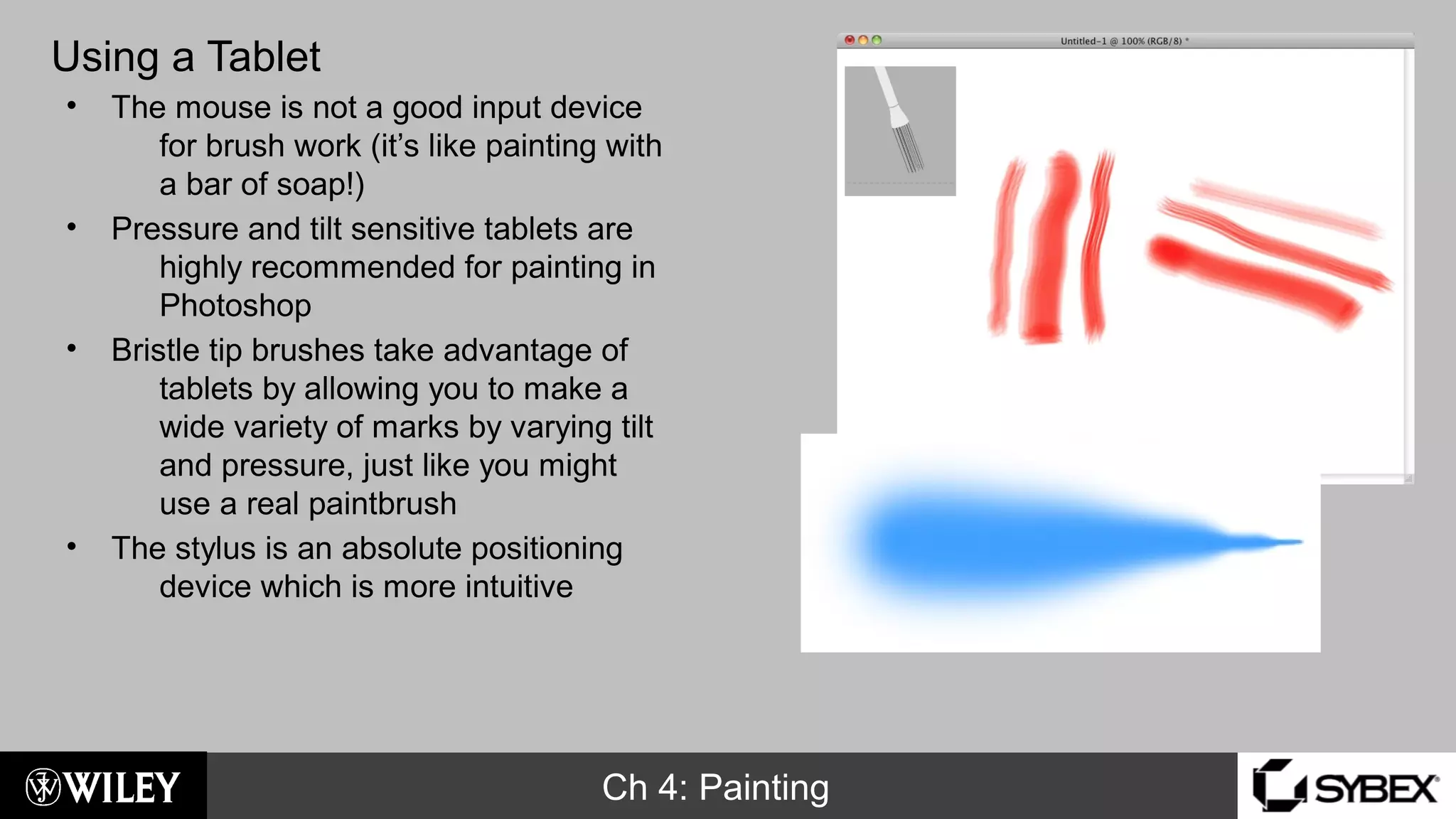 Ch 4: Painting
Using a Tablet
• The mouse is not a good input device
for brush work (it’s like painting with
a bar of soap!)
• Pressure and tilt sensitive tablets are
highly recommended for painting in
Photoshop
• Bristle tip brushes take advantage of
tablets by allowing you to make a
wide variety of marks by varying tilt
and pressure, just like you might
use a real paintbrush
• The stylus is an absolute positioning
device which is more intuitive
 