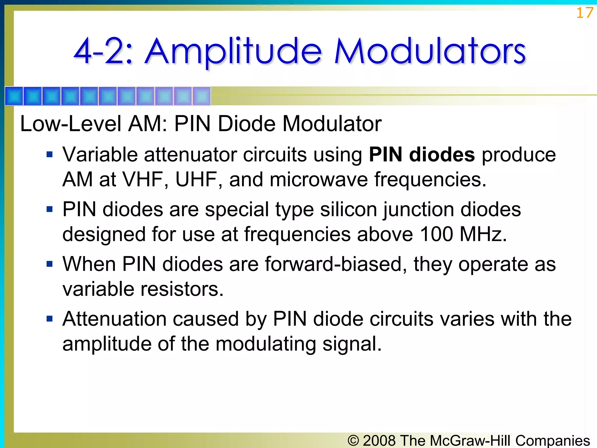 17

4-2: Amplitude Modulators
Low-Level AM: PIN Diode Modulator
 Variable attenuator circuits using PIN diodes produce

AM at VHF, UHF, and microwave frequencies.
 PIN diodes are special type silicon junction diodes
designed for use at frequencies above 100 MHz.
 When PIN diodes are forward-biased, they operate as
variable resistors.
 Attenuation caused by PIN diode circuits varies with the
amplitude of the modulating signal.

© 2008 The McGraw-Hill Companies

 