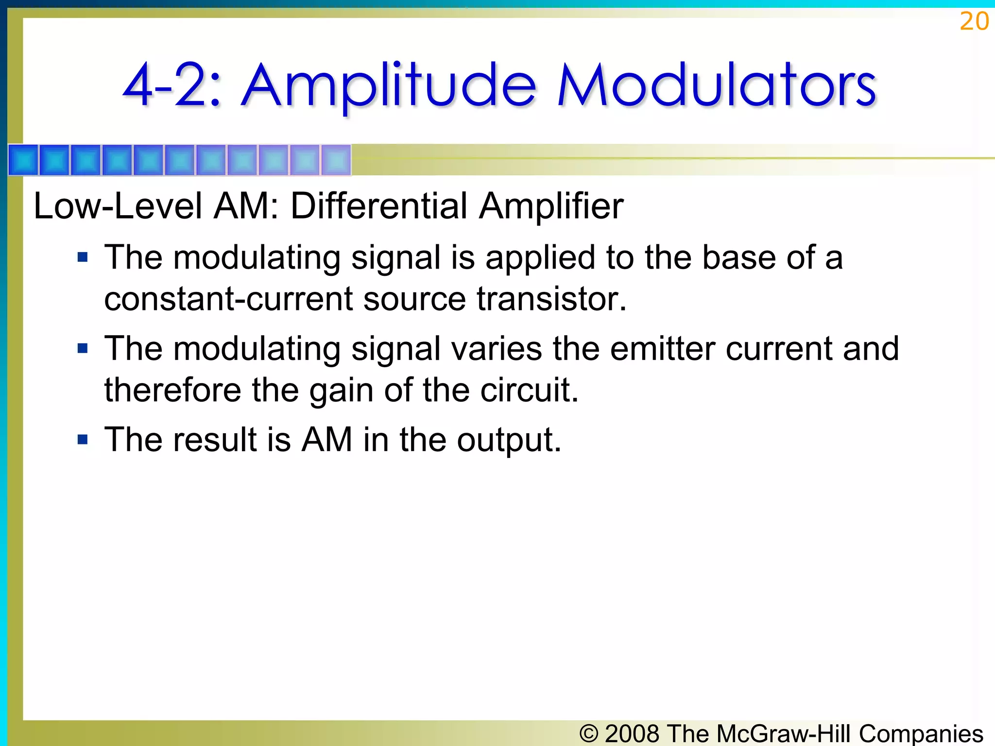 20

4-2: Amplitude Modulators
Low-Level AM: Differential Amplifier
 The modulating signal is applied to the base of a

constant-current source transistor.
 The modulating signal varies the emitter current and
therefore the gain of the circuit.
 The result is AM in the output.

© 2008 The McGraw-Hill Companies

 