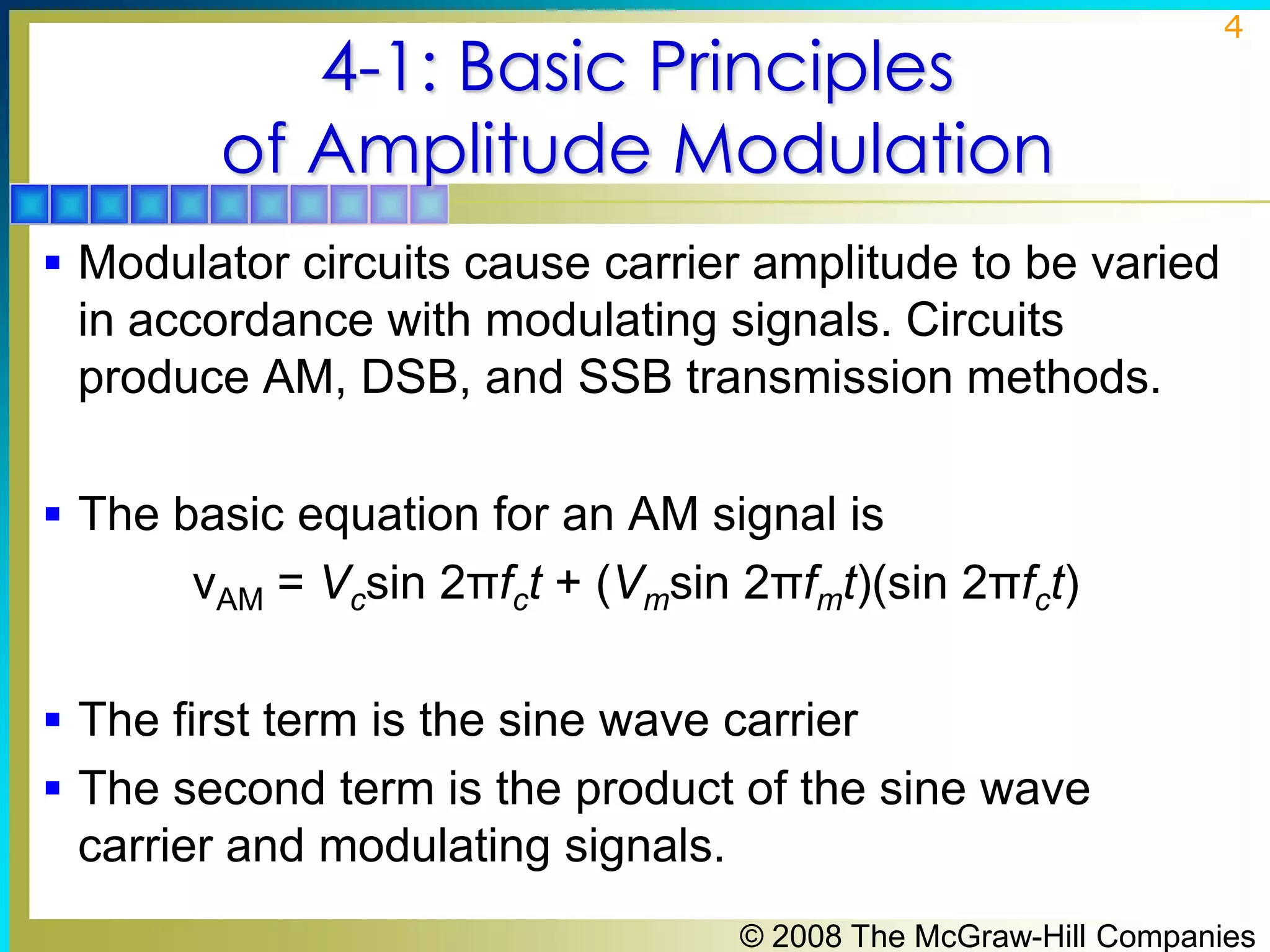4-1: Basic Principles
of Amplitude Modulation

4

 Modulator circuits cause carrier amplitude to be varied

in accordance with modulating signals. Circuits
produce AM, DSB, and SSB transmission methods.
 The basic equation for an AM signal is

νAM = Vcsin 2πfct + (Vmsin 2πfmt)(sin 2πfct)
 The first term is the sine wave carrier
 The second term is the product of the sine wave

carrier and modulating signals.
© 2008 The McGraw-Hill Companies

 
