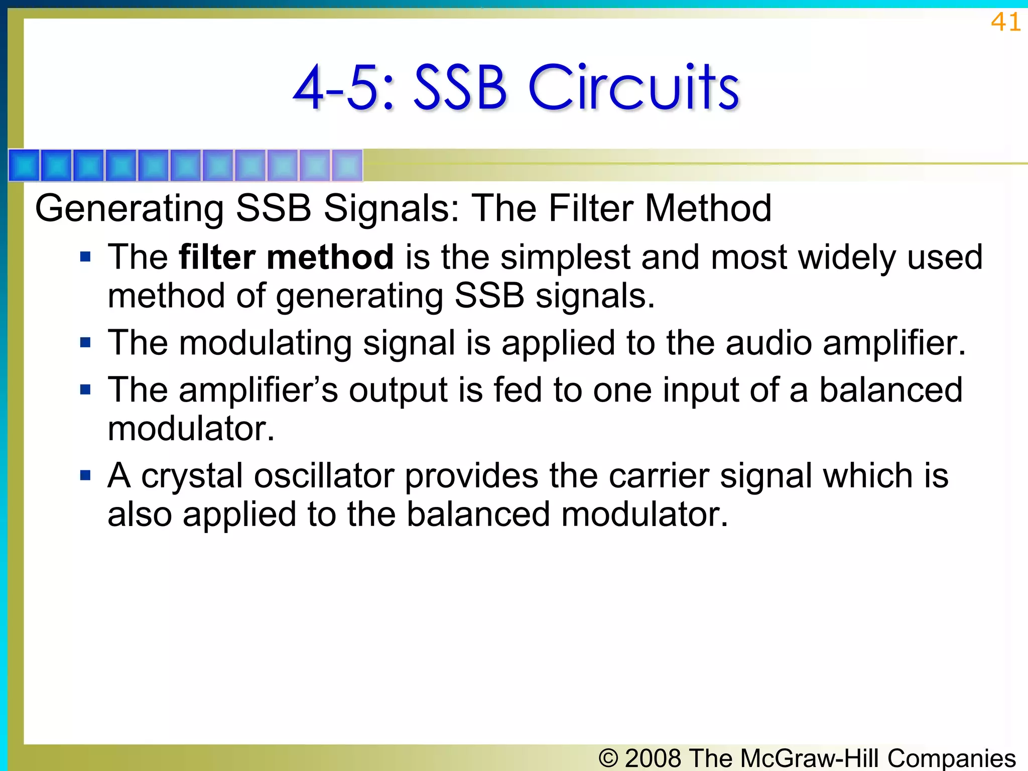 41

4-5: SSB Circuits
Generating SSB Signals: The Filter Method
 The filter method is the simplest and most widely used

method of generating SSB signals.
 The modulating signal is applied to the audio amplifier.
 The amplifier’s output is fed to one input of a balanced
modulator.
 A crystal oscillator provides the carrier signal which is
also applied to the balanced modulator.

© 2008 The McGraw-Hill Companies

 