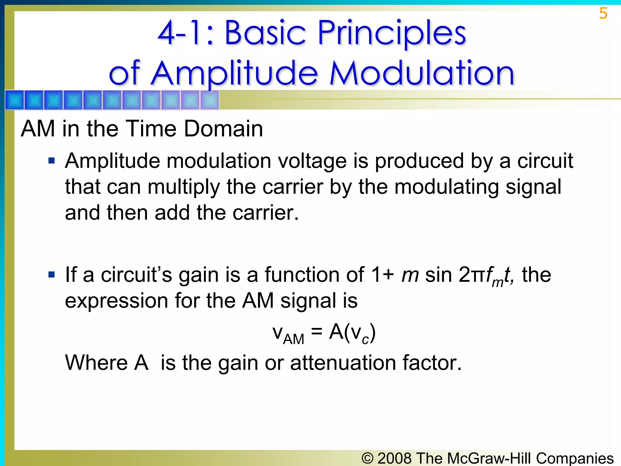 4-1: Basic Principles
of Amplitude Modulation

5

AM in the Time Domain
 Amplitude modulation voltage is produced by a circuit

that can multiply the carrier by the modulating signal
and then add the carrier.
 If a circuit’s gain is a function of 1+ m sin 2πfmt, the

expression for the AM signal is
νAM = A(νc)
Where A is the gain or attenuation factor.

© 2008 The McGraw-Hill Companies

 