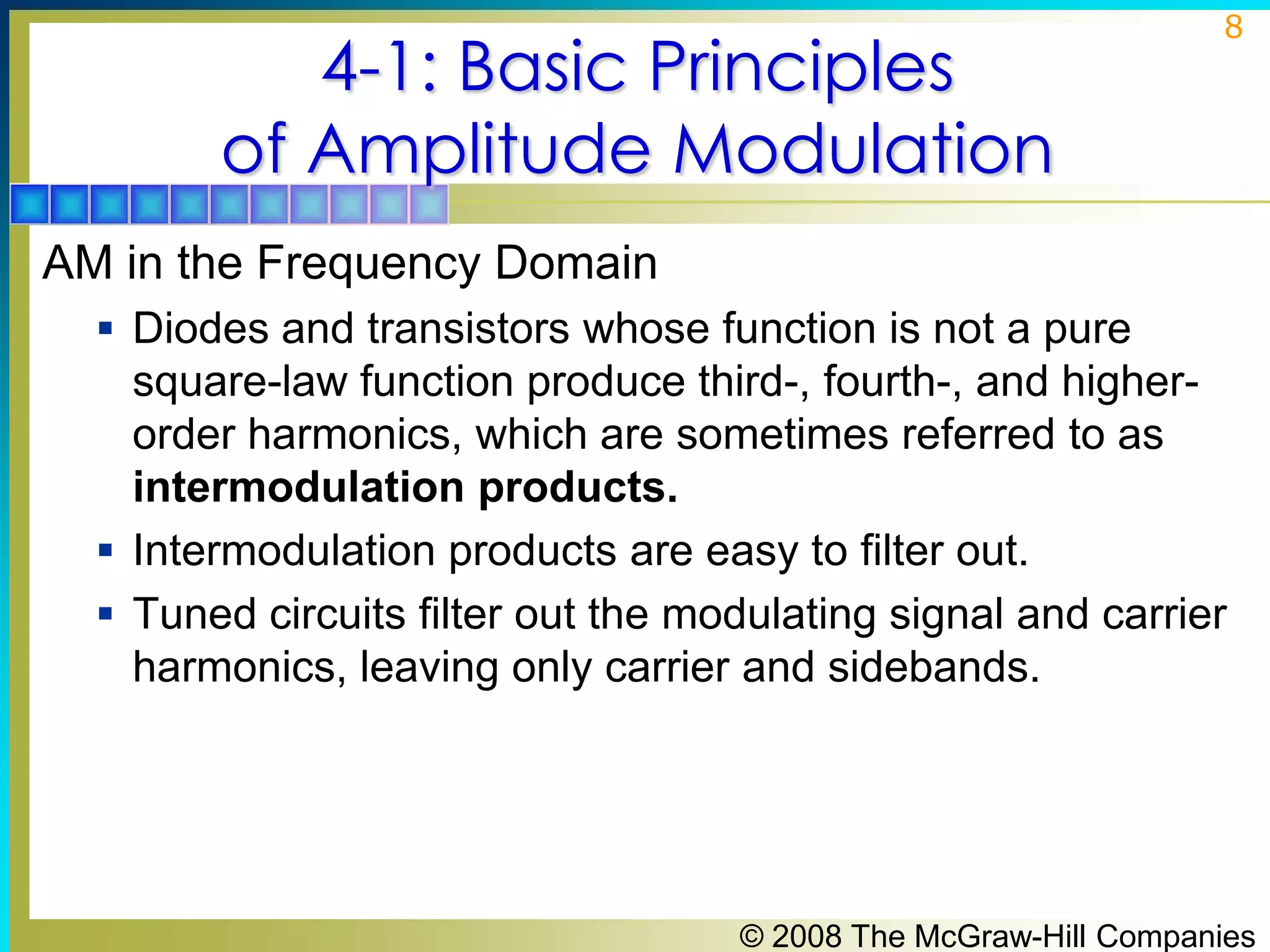 4-1: Basic Principles
of Amplitude Modulation

8

AM in the Frequency Domain
 Diodes and transistors whose function is not a pure

square-law function produce third-, fourth-, and higherorder harmonics, which are sometimes referred to as
intermodulation products.
 Intermodulation products are easy to filter out.
 Tuned circuits filter out the modulating signal and carrier
harmonics, leaving only carrier and sidebands.

© 2008 The McGraw-Hill Companies

 