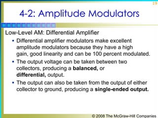19

4-2: Amplitude Modulators
Low-Level AM: Differential Amplifier
 Differential amplifier modulators make excellent

amplitude modulators because they have a high
gain, good linearity and can be 100 percent modulated.
 The output voltage can be taken between two
collectors, producing a balanced, or
differential, output.
 The output can also be taken from the output of either
collector to ground, producing a single-ended output.

© 2008 The McGraw-Hill Companies

 
