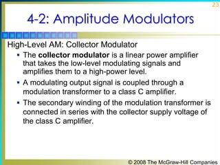 23

4-2: Amplitude Modulators
High-Level AM: Collector Modulator
 The collector modulator is a linear power amplifier

that takes the low-level modulating signals and
amplifies them to a high-power level.
 A modulating output signal is coupled through a
modulation transformer to a class C amplifier.
 The secondary winding of the modulation transformer is
connected in series with the collector supply voltage of
the class C amplifier.

© 2008 The McGraw-Hill Companies

 