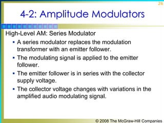26

4-2: Amplitude Modulators
High-Level AM: Series Modulator
 A series modulator replaces the modulation
transformer with an emitter follower.
 The modulating signal is applied to the emitter
follower.
 The emitter follower is in series with the collector
supply voltage.
 The collector voltage changes with variations in the
amplified audio modulating signal.

© 2008 The McGraw-Hill Companies

 