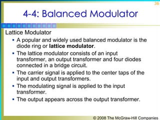 36

4-4: Balanced Modulator
Lattice Modulator
 A popular and widely used balanced modulator is the







diode ring or lattice modulator.
The lattice modulator consists of an input
transformer, an output transformer and four diodes
connected in a bridge circuit.
The carrier signal is applied to the center taps of the
input and output transformers.
The modulating signal is applied to the input
transformer.
The output appears across the output transformer.

© 2008 The McGraw-Hill Companies

 