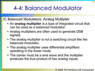 40

4-4: Balanced Modulator
IC Balanced Modulators: Analog Multiplier
 An analog multiplier is a type of integrated circuit that







can be used as a balanced modulator.
Analog multipliers are often used to generate DSB
signals.
The analog multiplier is not a switching circuit like the
balanced modulator.
The analog multiplier uses differential amplifiers
operating in the linear mode.
The carrier must be a sine wave and the multiplier
produces the true product of two analog inputs.

© 2008 The McGraw-Hill Companies

 