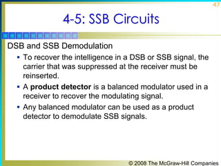 47

4-5: SSB Circuits
DSB and SSB Demodulation
 To recover the intelligence in a DSB or SSB signal, the

carrier that was suppressed at the receiver must be
reinserted.
 A product detector is a balanced modulator used in a
receiver to recover the modulating signal.
 Any balanced modulator can be used as a product
detector to demodulate SSB signals.

© 2008 The McGraw-Hill Companies

 
