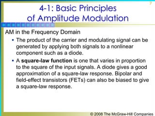 4-1: Basic Principles
of Amplitude Modulation

7

AM in the Frequency Domain
 The product of the carrier and modulating signal can be

generated by applying both signals to a nonlinear
component such as a diode.
 A square-law function is one that varies in proportion
to the square of the input signals. A diode gives a good
approximation of a square-law response. Bipolar and
field-effect transistors (FETs) can also be biased to give
a square-law response.

© 2008 The McGraw-Hill Companies

 