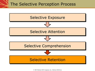 The Selective Perception Process 
SSeelleeccttiivvee EExxppoossuurree 
SSeelleeccttiivvee AAtttteennttiioonn 
SSeelleeccttiivvee CCoommpprreehheennssiioonn 
SSeelleeccttiivvee RReetteennttiioonn 
© 2003 McGraw-Hill Companies, Inc., McGraw-Hill/Irwin 
 