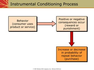 Instrumental Conditioning Process 
Positive or negative 
consequences occur 
Positive or negative 
consequences occur 
(reward or 
punishment) 
(reward or 
punishment) 
Increase or decrease 
Increase or decrease 
in probability of 
repeat behavior 
in probability of 
repeat behavior 
(purchase) 
(purchase) 
(consumer uses 
product or service) 
© 2003 McGraw-Hill Companies, Inc., McGraw-Hill/Irwin 
Behavior 
Behavior 
(consumer uses 
product or service) 
 