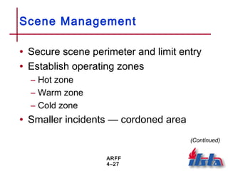 ARFF
4–27
Scene Management
• Secure scene perimeter and limit entry
• Establish operating zones
– Hot zone
– Warm zone
– Cold zone
• Smaller incidents — cordoned area
(Continued)
 