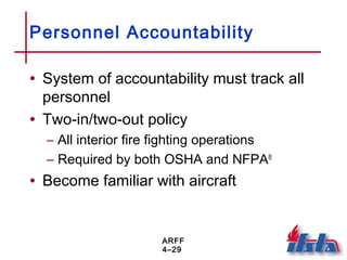 ARFF
4–29
Personnel Accountability
• System of accountability must track all
personnel
• Two-in/two-out policy
– All interior fire fighting operations
– Required by both OSHA and NFPA®
• Become familiar with aircraft
 