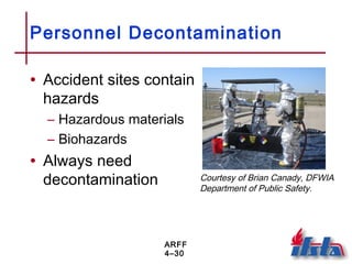 ARFF
4–30
Personnel Decontamination
• Accident sites contain
hazards
– Hazardous materials
– Biohazards
• Always need
decontamination Courtesy of Brian Canady, DFWIA
Department of Public Safety.
 